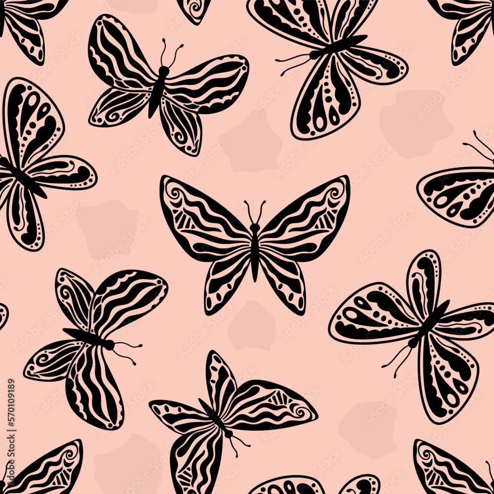 Seamless pattern with black butterfly sketches. Aesthetics of Y2k. Elegant silhouettes of butterflies in a fashionable retro style of the 2000s.
