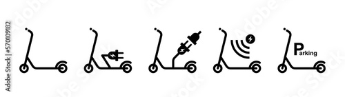 Kick scooter side view black color icon set.