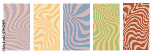 Groovy backgrounds with swirl, waves, twisted pattern. Distorted texture in the trendy retro style of the hippie 70s. Y2K aesthetic. Vector.