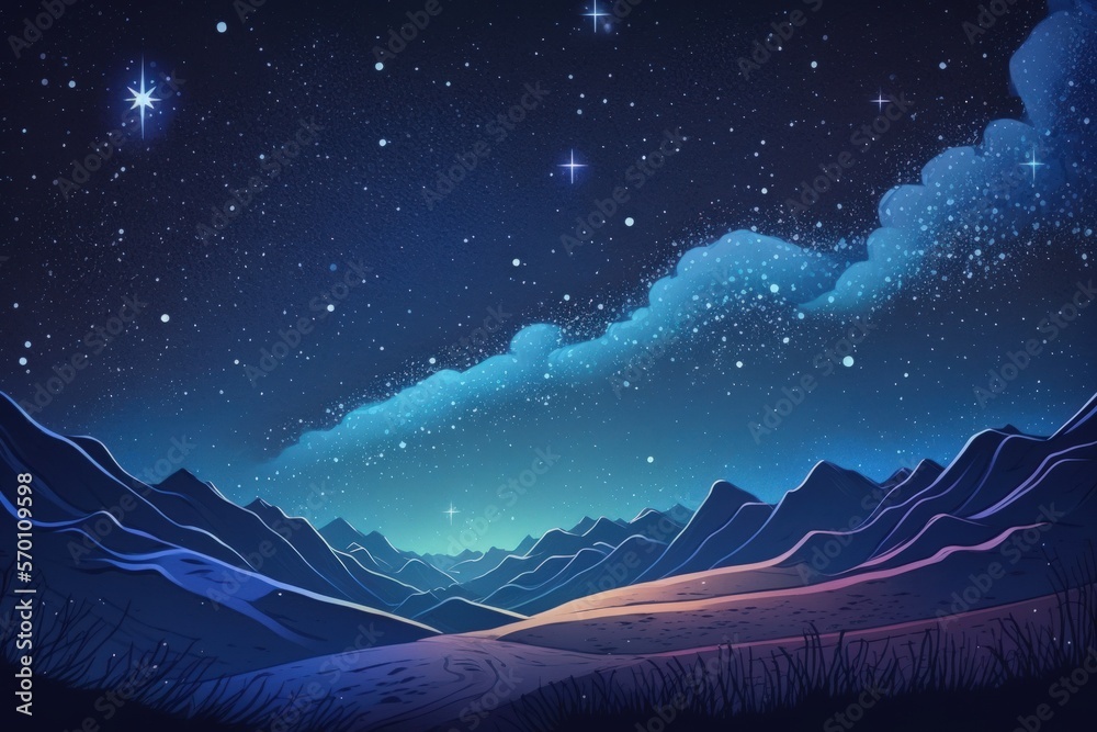 Fototapeta premium Wide angle shot of a nighttime landscape featuring the vibrant Milky Way galaxy and numerous bright stars. Starry summer sky with hills. Lovely Universe. Generative AI
