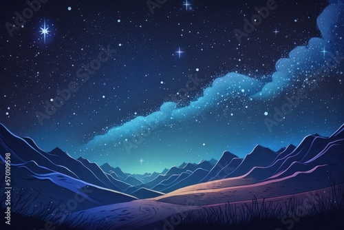 Wide angle shot of a nighttime landscape featuring the vibrant Milky Way galaxy and numerous bright stars. Starry summer sky with hills. Lovely Universe. Generative AI