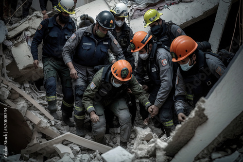 Уarthquake, Collapsed house, Turkish rescue team searches for survivors. Digital illustration created with Generative AI.