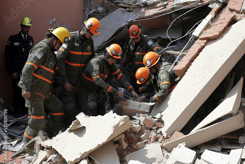 Уarthquake, Collapsed house, Turkish rescue team searches for survivors. Digital illustration created with Generative AI. photo