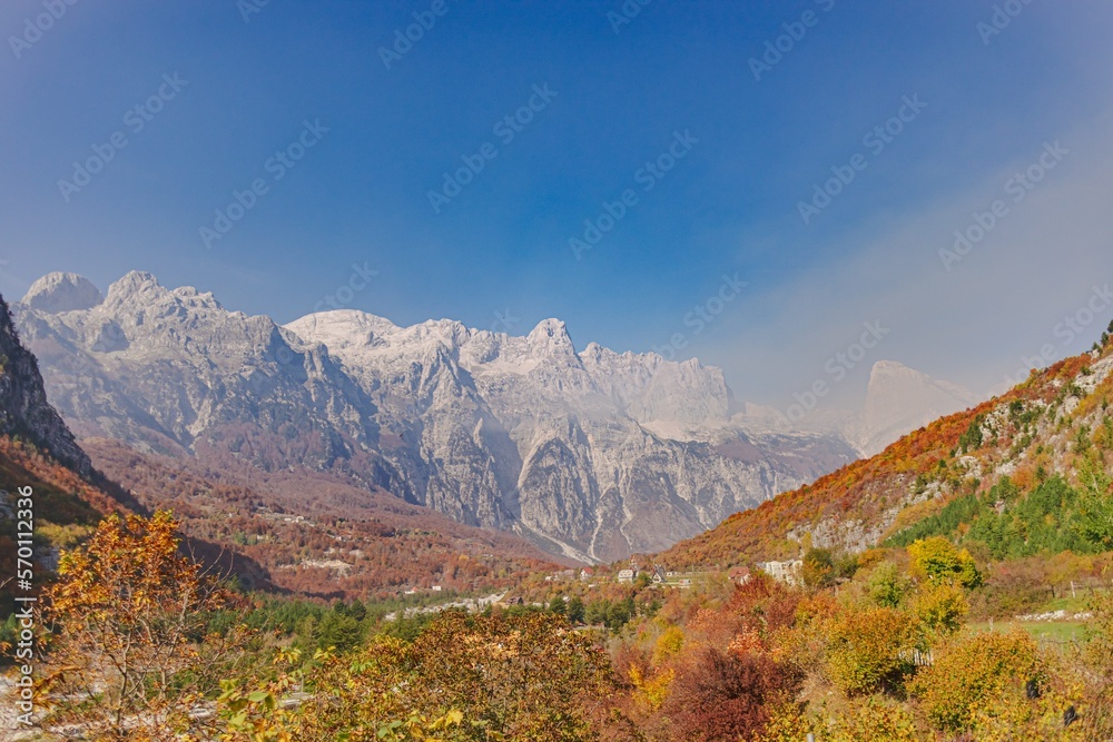 Beautiful landscape of village valley with mountain rank of Theth, Albania. 
