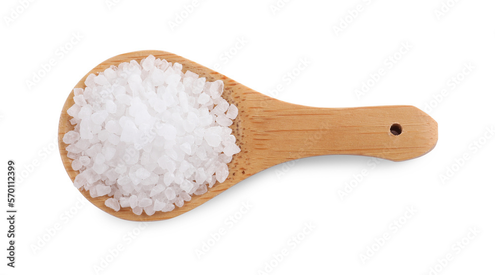 Wooden spoon with natural sea salt isolated on white, top view Wooden spoon with natural sea salt isolated on white, top view