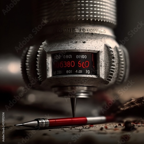 close up of a drill,Make a statement with this striking photo of a silver metal lighter meter. With its high level of detail and sleek design, this image is the epitome of modern sophistication