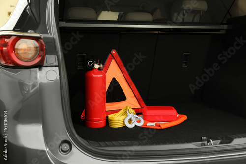 Foto Set of car safety equipment in trunk