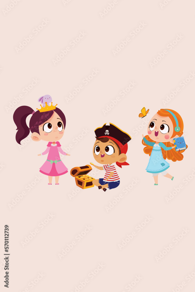 Grupo de niños felices disfrazados que juegan para invitación, afiche, post Grupo de niños felices disfrazados que juegan para invitación, afiche, post