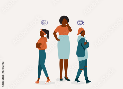 Headache Black Mother Unsure How To Settle Fights Among Her Children. Angry Sibling With Arms Crossed Walking Away. Full Length. Flat Design Style, Character, Cartoon.