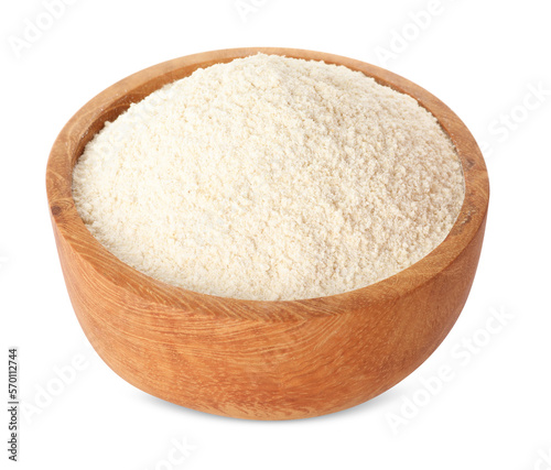 Quinoa flour in wooden bowl isolated on white