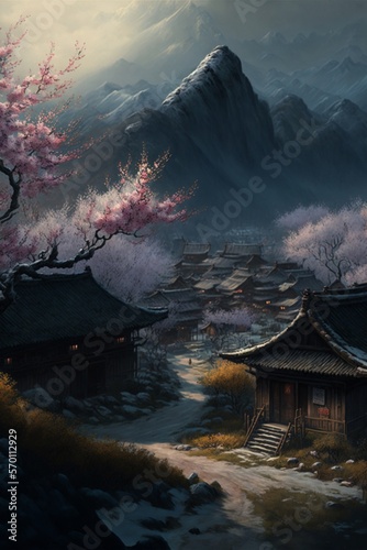 Winter a village surrounded by peach blossoms. Generative Ai.