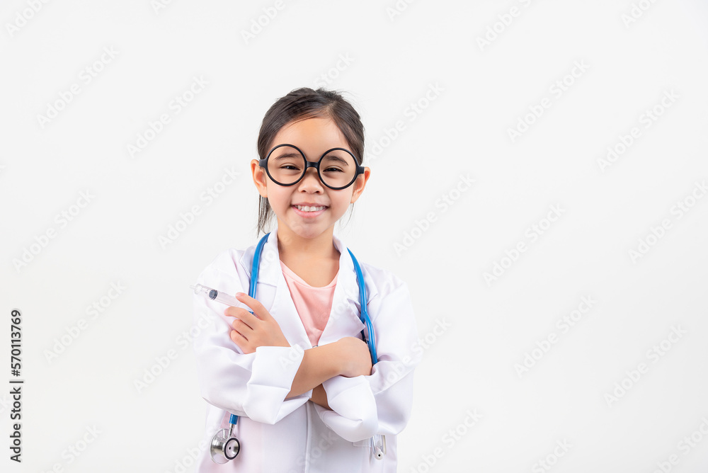 Asia little girl playing doctor isolated on white Asia little girl playing doctor isolated on white