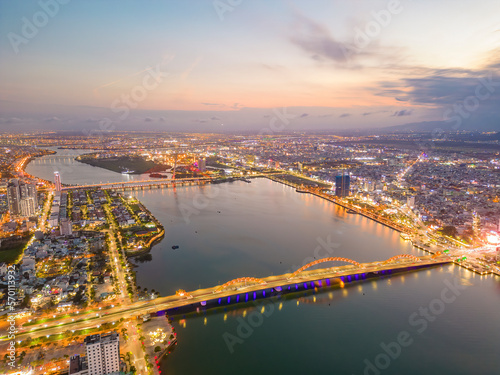 Aerial view of Da Nang city at sunset.