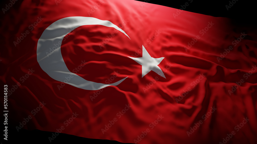 Flag of the Republic of Turkey or Turkiye, dramatic lighting. 3D rendering illustration.