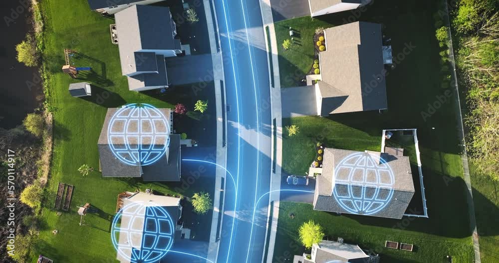 American neighborhood with connectivity, internet motion graphic overlay. Data and web theme. Aerial top down view of animation on houses in America. New and futuristic development.