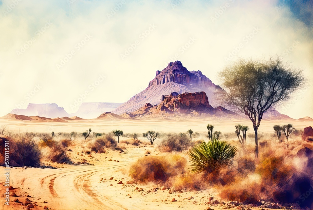 High Detail Watercolor Landscape of a Bountiful Sahara Desert with Mountain Generative AI illustration  - obrazy, fototapety, plakaty 