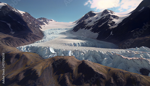 Glacier coming down a mountain valley. Generative AI.