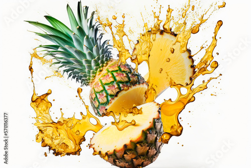 Chopped ripe pineapple with splashes of juice in the air on white background. Generative AI.
