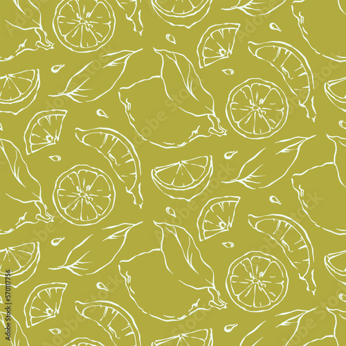 Lemon seamless pattern with light linear drawing elements on green background