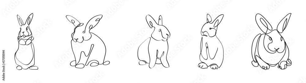Set of cute drawn bunnies on white background