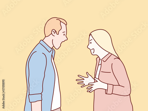 Mad angry debate cranky quarreling couple having an argument simple korean style illustration