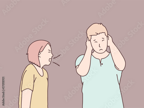 Couple Mad angry debate cranky quarreling woman screaming man covering ears simple korean style illustration