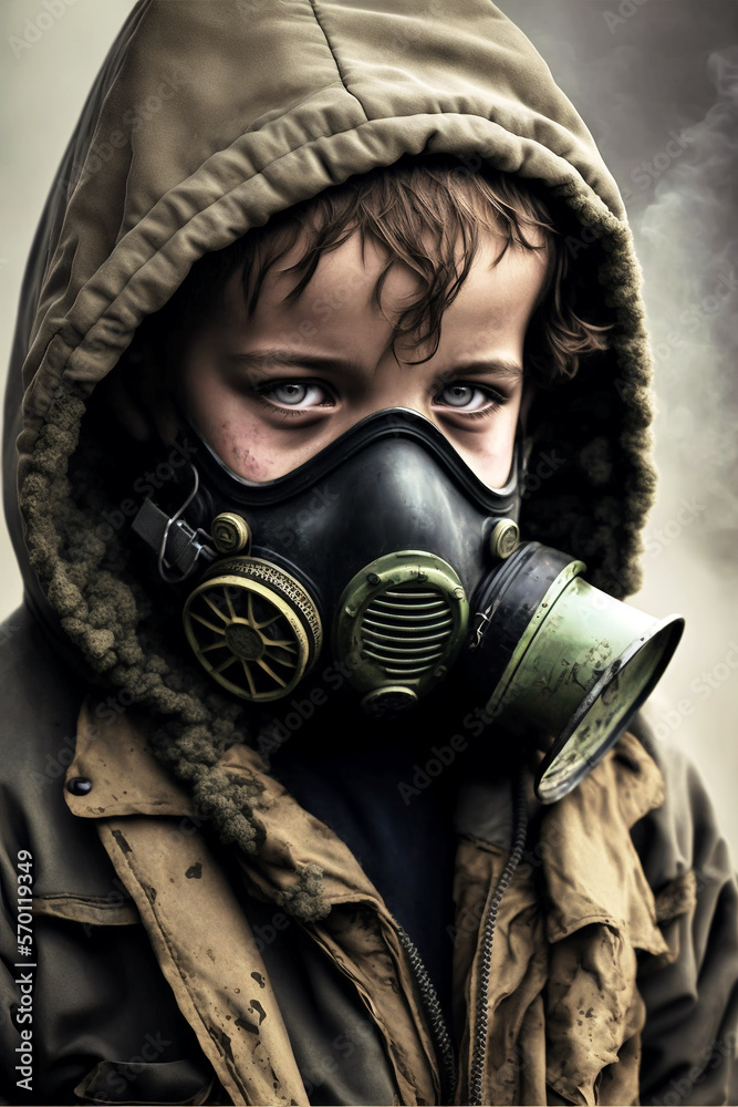 Little boy with gas mask depicting consequences of global warming, air pollution and war, created with Generative AI technology Little boy with gas mask depicting consequences of global warming, air pollution and war, created with Generative AI technology