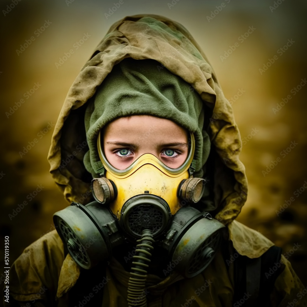 Little boy with gas mask depicting consequences of global warming, air