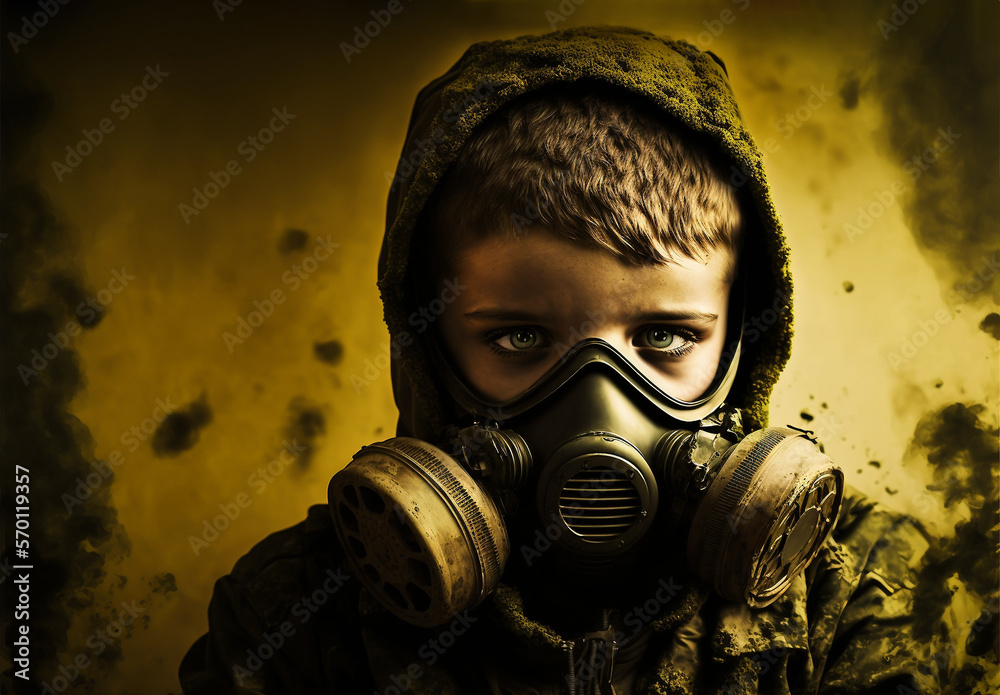 Little boy with gas mask depicting consequences of global warming, air