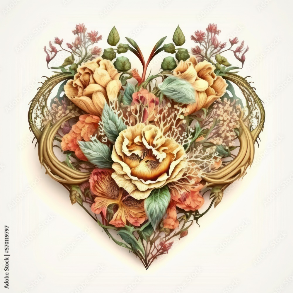 Illustration of a Flower Arrangement in the Shape of a Heart Isolated on White Background; Valentine's Day Card Greeting or Artwork, Made in Part with Generative AI
Illustration of a Flower Arrangement in the Shape of a Heart Isolated on White Background; Valentine's Day Card Greeting or Artwork, Made in Part with Generative AI