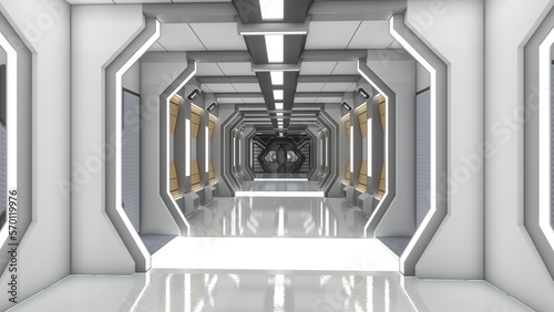 futuristic Corridor with door on spaceship, sci-fi spaceship interior. Metal wall background. 3d renders
