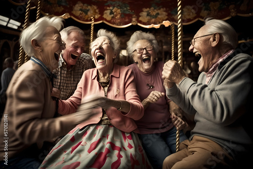 A group of elderly men and women, tourists senior citizens, laughing and enjoying a merry go round in an amusement park, never too old to be young at heart, playful fun, bliss photo