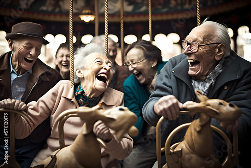 A group of elderly men and women, tourists senior citizens, laughing and enjoying a merry go round in an amusement park, never too old to be young at heart, playful fun, bliss photo