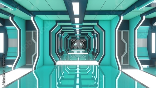 Futuristic turquoise green corridor with door in spaceship, sci-fi spaceship interior. 3d rendering