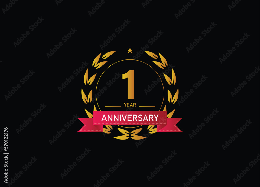1 year anniversary celebration. Anniversary logo with ring and elegance golden color isolated on black background, vector design for celebration. 1 year anniversary celebration. Anniversary logo with ring and elegance golden color isolated on black background, vector design for celebration.