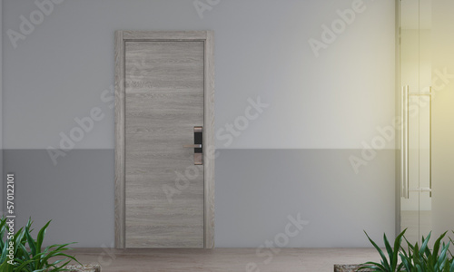 Door with steel door. Door handle on wood oak door panel. 3d  rendering