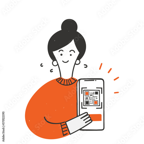 hand drawn doodle woman holding phone with qr code illustration vector