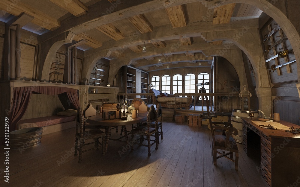 Naklejka premium Old Pirate ship cabin interior 3d illustration