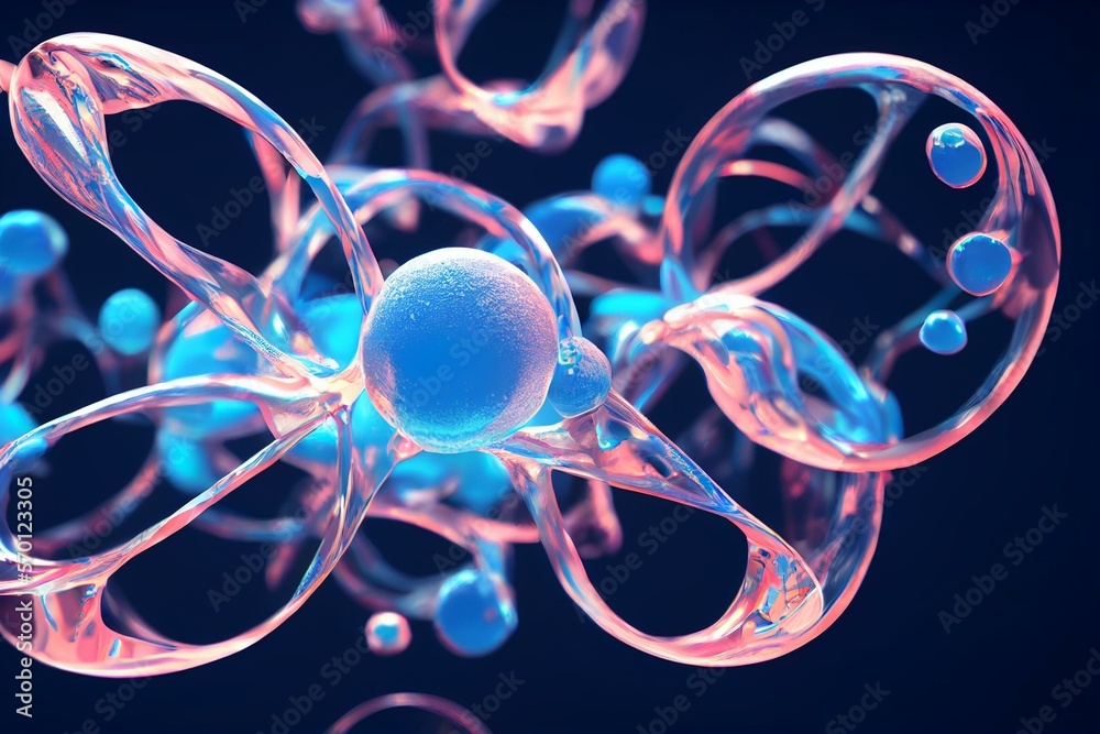 3d render: Abstract hydrogen molecules H2 in front of blue vignetted ...
