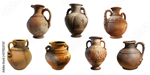 Set of clay and ceramic antique vases. Collection of interior decor items. Terracotta jug. Beige and brown pots. Generative AI photo