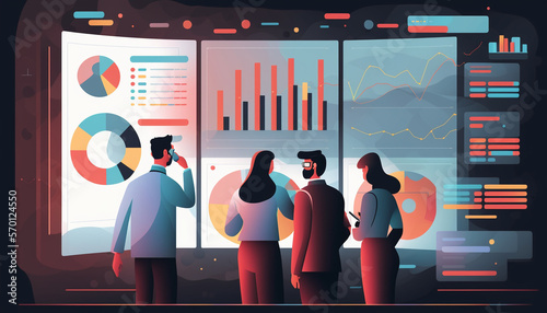 Group of analyst illustration analyzing data and creating insight reports on a business analytics dashboard containing KPIs, charts, and metrics Created by generative AI