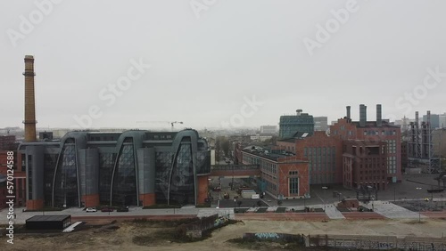 Drone video of lodz fabryka, one of the landmarks of the city of lodz, poland on a cloudy day