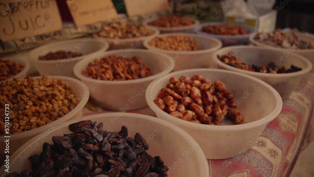 Dried Fruits, Nuts, And Seeds In The Marketplace At Cappadocia In Central Turkey. Closeup Dried Fruits, Nuts, And Seeds In The Marketplace At Cappadocia In Central Turkey. Closeup