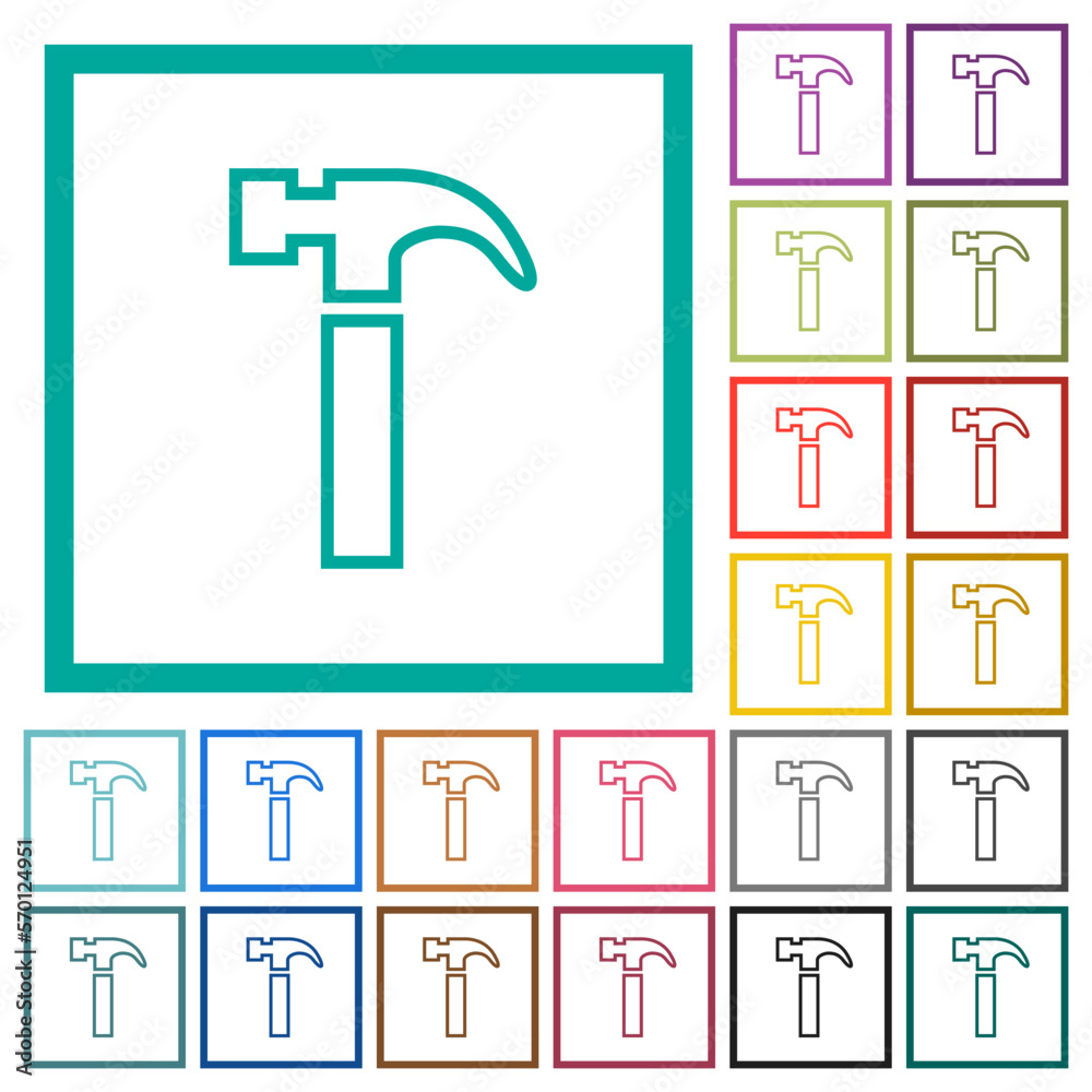Hammer outline flat color icons with quadrant frames Hammer outline flat color icons with quadrant frames