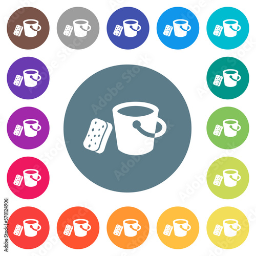 Bucket and sponge flat white icons on round color backgrounds