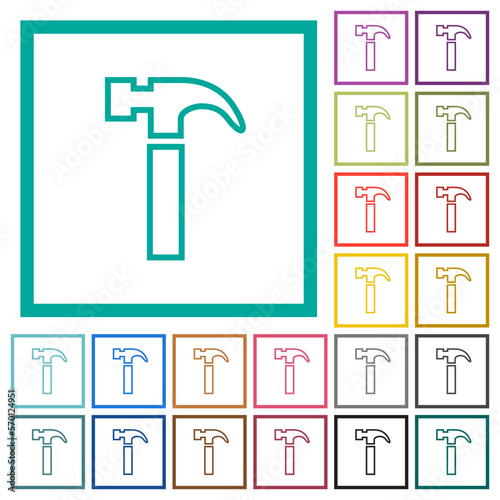 Hammer outline flat color icons with quadrant frames