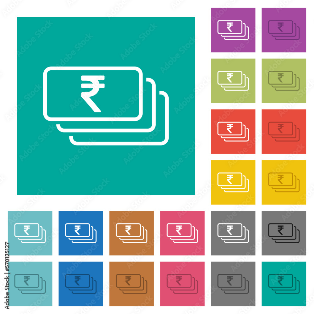 Indian Rupee banknotes outline square flat multi colored icons Indian Rupee banknotes outline square flat multi colored icons