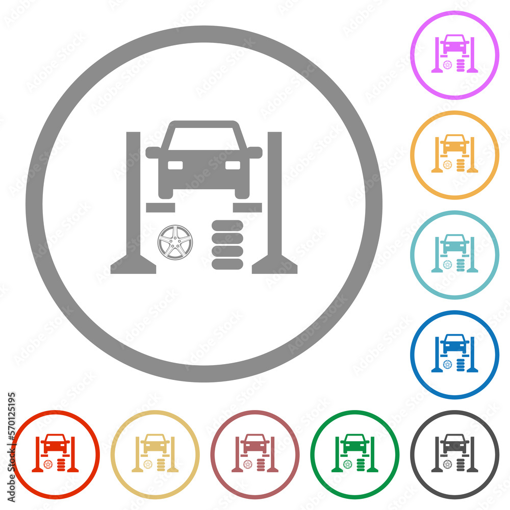 Tire repair shop flat icons with outlines Tire repair shop flat icons with outlines