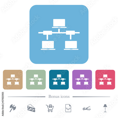 Computer network flat icons on color rounded square backgrounds