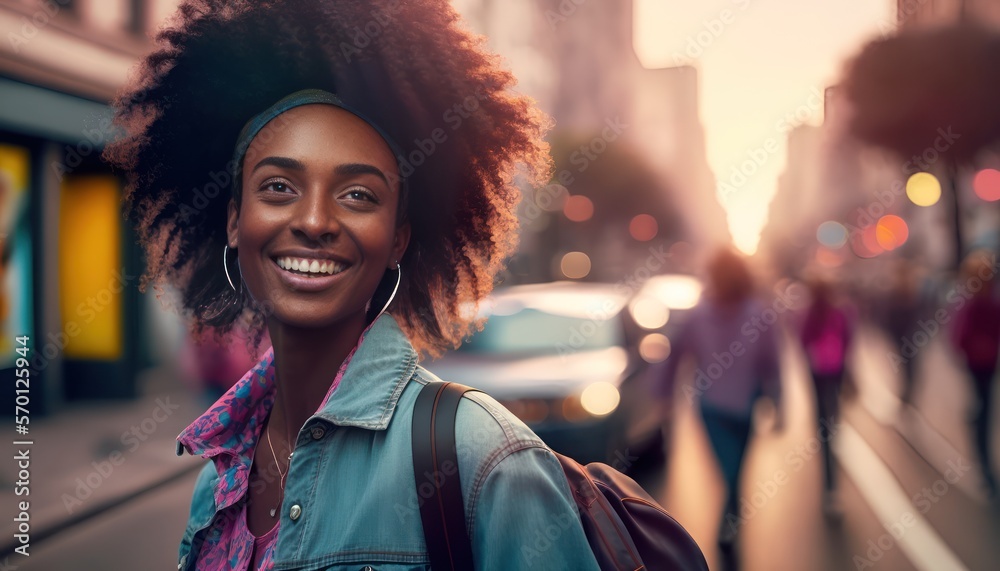Generative AI illustration of cheerful black woman on street